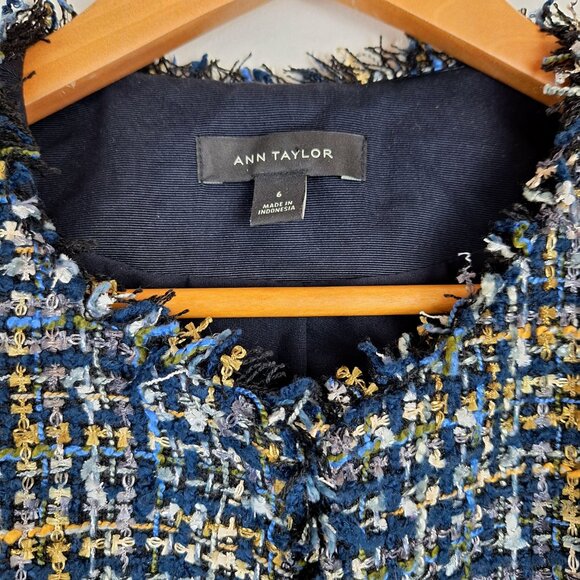 Ann Taylor Ruffle Tweed Blazer Size 6. Navy Blue Multicolor Shimmer Raw Edge - Picture 12 of 13